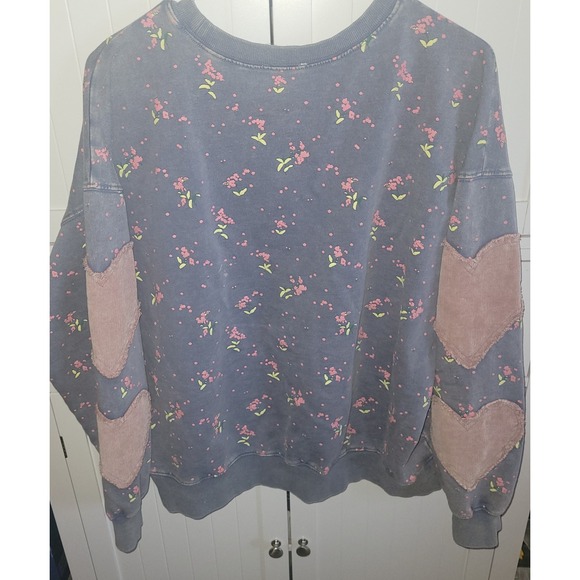 easel Tops - Easel Floral Heart Elbow Patch Sweatshirt Blue Pink Corduroy Boho Pullover S